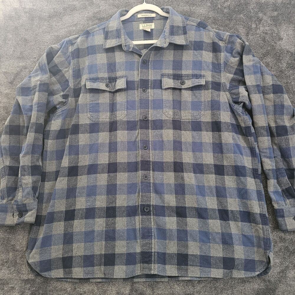 L.L.Bean Chamois Cloth Shirt Men's XXL Regular Blue Gray Plaid Flannel Heavy